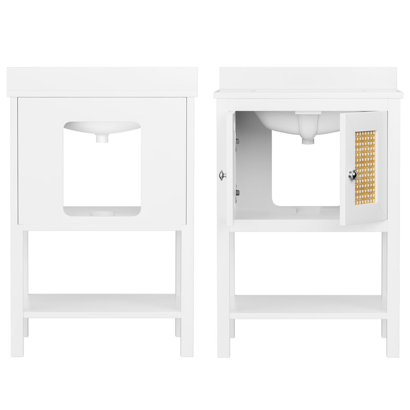 Homall 24" Bathroom Vanity with Single Sink Combo, Rattan Weaving Modern Undermount Bathroom Sink Cabinet with a Set of Double Soft Close Doors, Freestanding Bathroom Vanities, White