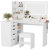 Homall L-Shaped Vanity Set with LED Mirror, Power Outlet, Makeup Vanity Desk with 2 Shelves, 5 Drawers & 1 Seat, Dressing Table for Bedroom Girls Women