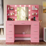 Homall Vanity Desk with Mirror and LED Lights, Makeup Vanity with 7 Drawers & 4 Shelves, Vanity Table with Power Outlet for Bedroom Dressing Room