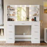 Homall Vanity Desk with Mirror and LED Lights, Makeup Vanity with 7 Drawers & 4 Shelves, Vanity Table with Power Outlet for Bedroom Dressing Room