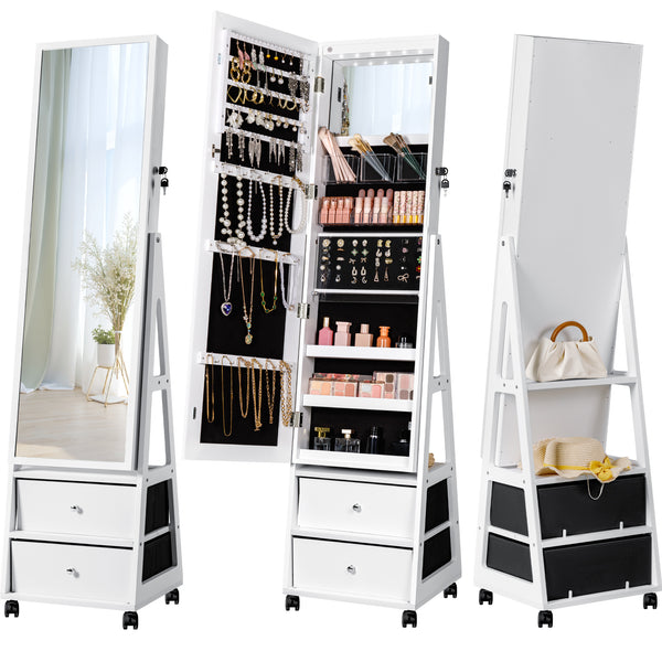 Homall 360° Swivel Jewelry Armoires Cabinet With Wheels Lockable Standing Storage Box with 2 Drawers