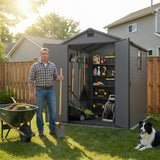 6x6ft Outdoor Plastic Storage Shed with Window,Weather-Resistant, Easy Assembly, Wood-Effect Garden Tool House,Dark Gray