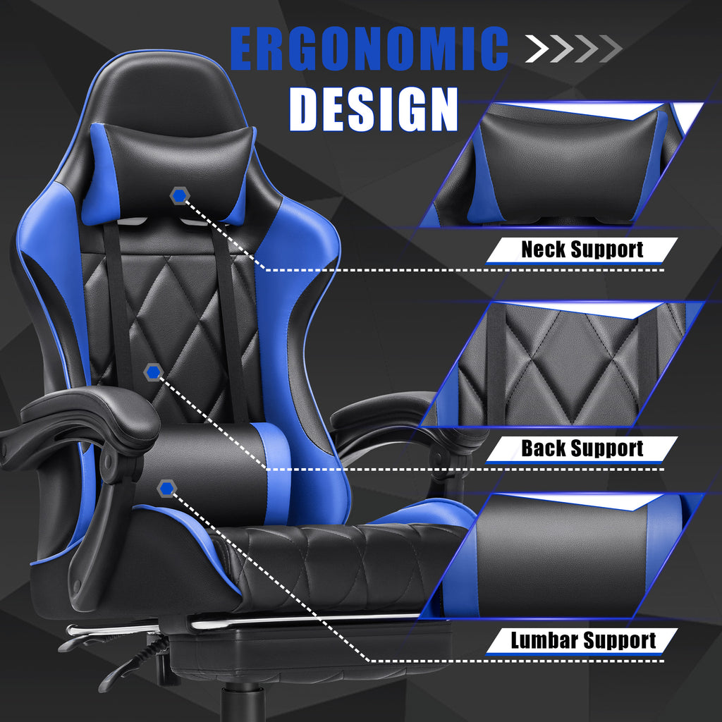 Soontrans Gaming Chair with Footrest and Ergonomic Massage Lumbar Pillow PU  Leather Office Chair, Gray 