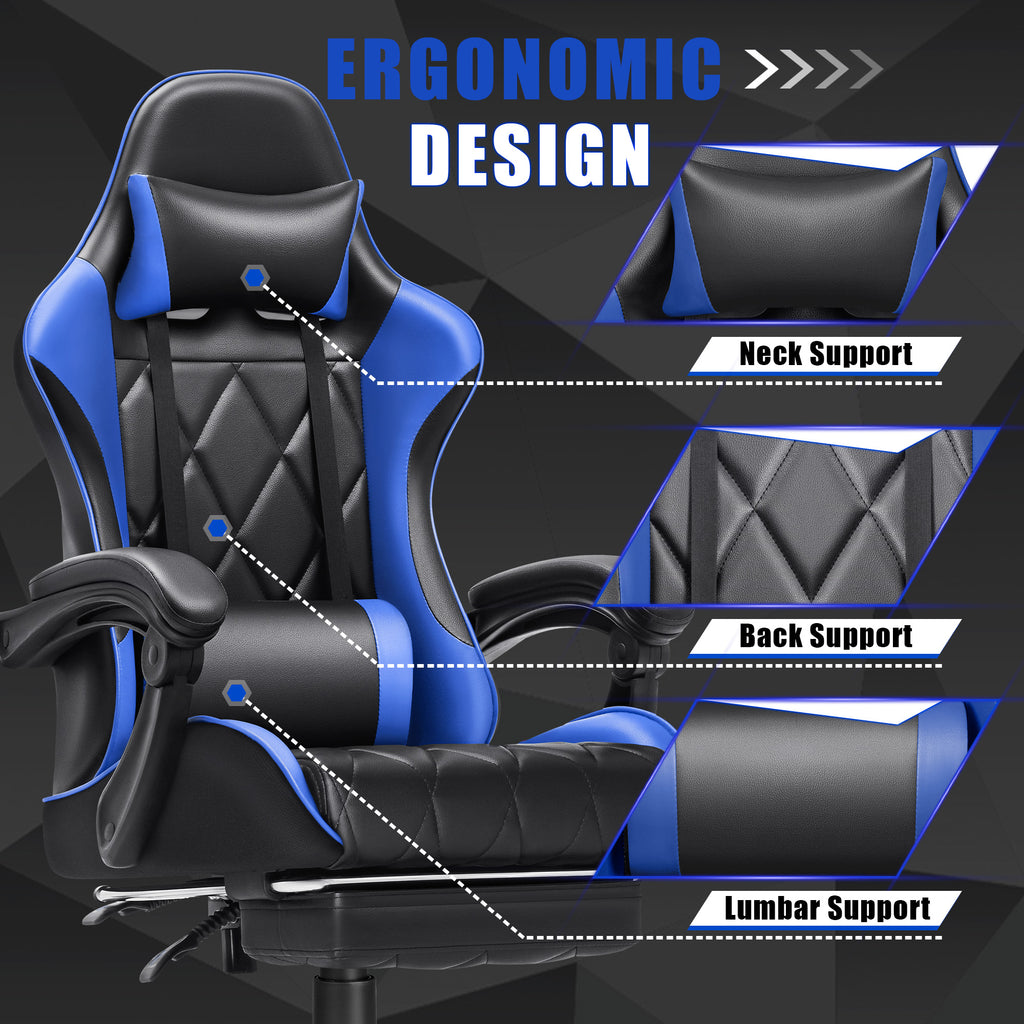 Soontrans Gaming Chair with Footrest and Ergonomic Massage Lumbar Pillow PU  Leather Office Chair, Black 