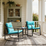 Lacoo 3 Pieces Outdoor Rocking Chair Furniture Sets Modern Patio Furniture Set Rocking Wicker Bistro Sets Cushioned PE Rattan Chairs Conversation Sets with Glass Coffee Table