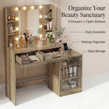 Homall Makeup Vanity Desk with LED Lights, Mirror & Power Outlet, Dressing Table with 4 Shelves and 5 Drawers, Vanity Set & Nightstand for Bedroom