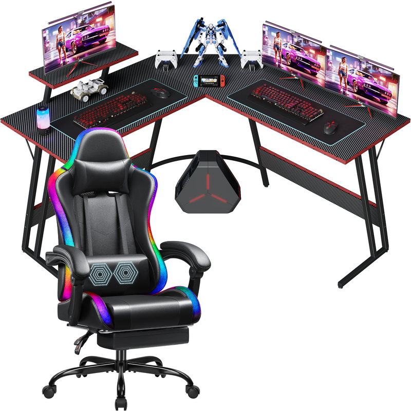 Homall L Shaped Gaming Desk and Chair Set, Carbon Fiber Desktop Corner Computer Desk RGB Massage Ergonomic Racing Chair E-Sports LED Lights RGB Gaming Chair with Footrest