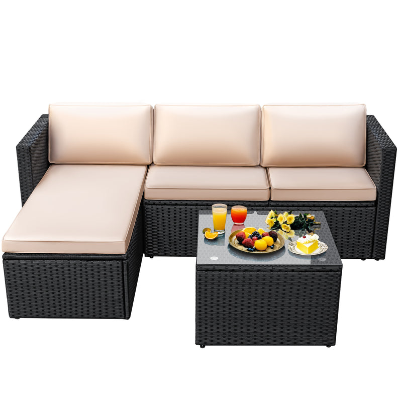 Homall L-Shaped Garden Combination Sofa, Outdoor Rattan Furniture, Adjustable Back Recliner with Cushion, Tempered Glass Coffee Table, Stylish Poolside Backyard Balcony Furniture