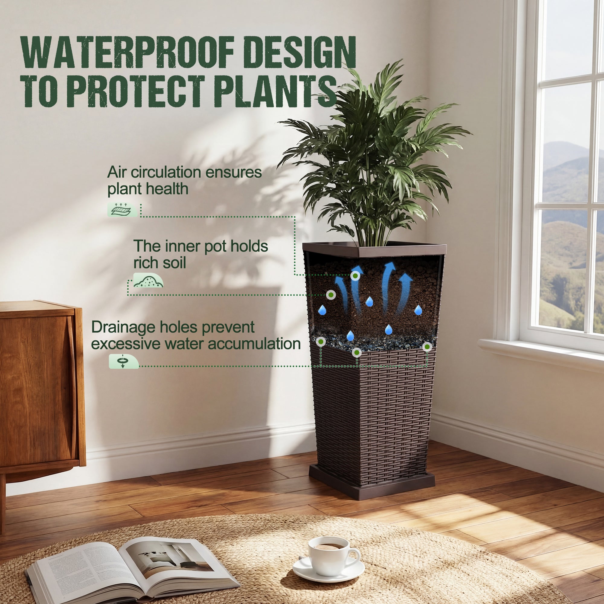 inner pot plant Homall 25" Tall Plastic Planter Set of 2 with Inside Pots, Drainages, – homalldirect