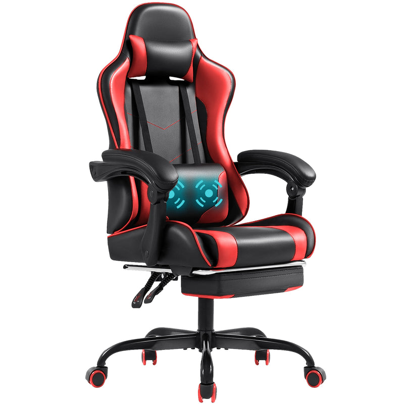 Lacoo PU Leather Gaming Chair Massage Ergonomic Gamer Chair Height Adjustable Computer Chair with Footrest & Lumbar Support,Red