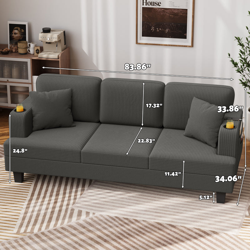 Homall 84''W Modern Sofa 3 Seat Adult Corduroy Couch with Wide Armrest Fabric Couch with USB Charging Ports for Living Room