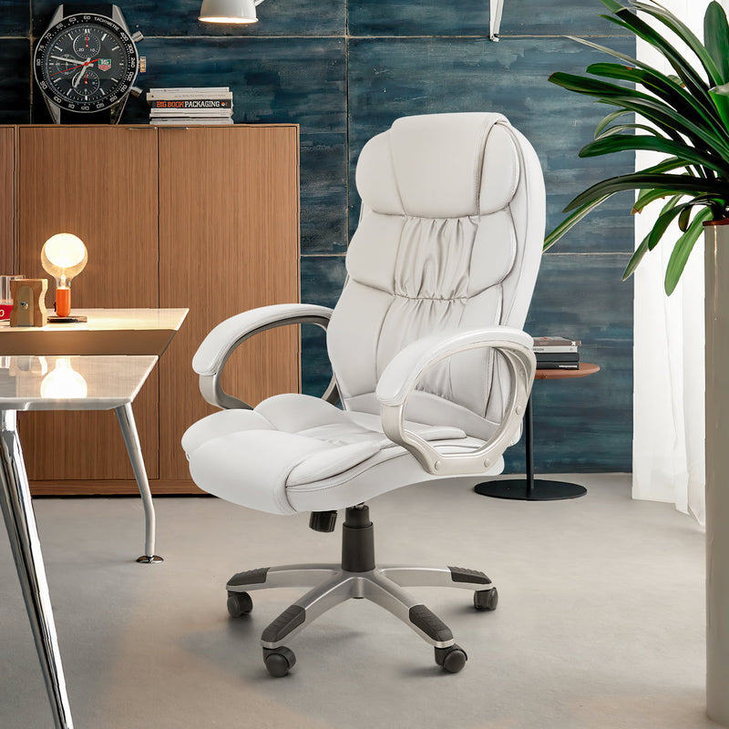 Leather High Back Office Chair Ergonomic Executive Office Chair Swivel Computer Desk Chair Lumbar Support Soft Cushioned Padded Arms