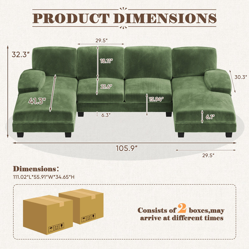 Homall U Shaped Sectional Sofa with Soft Corduroy Sofa Couch with Double Chaise for Apartments,Living Room