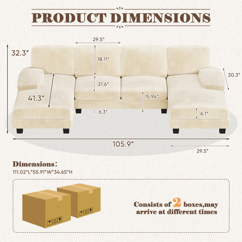 Homall U Shaped Sectional Sofa with Soft Corduroy Sofa Couch with Double Chaise for Apartments,Living Room
