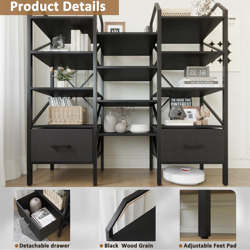 Homall Open Display Shelf with Storage Cabinet Triple Wide Tiers Industrial Bookcases and Bookshelves with Wood and Metal Frame