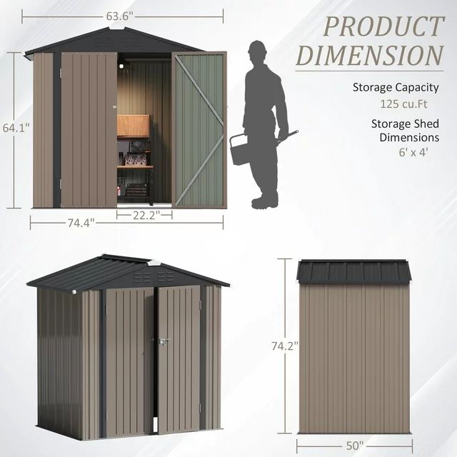 Homall 4' x 6' Outdoor Storage Metal Shed for Tool Storage, Outdoor House for Backyard & Garden,Brown