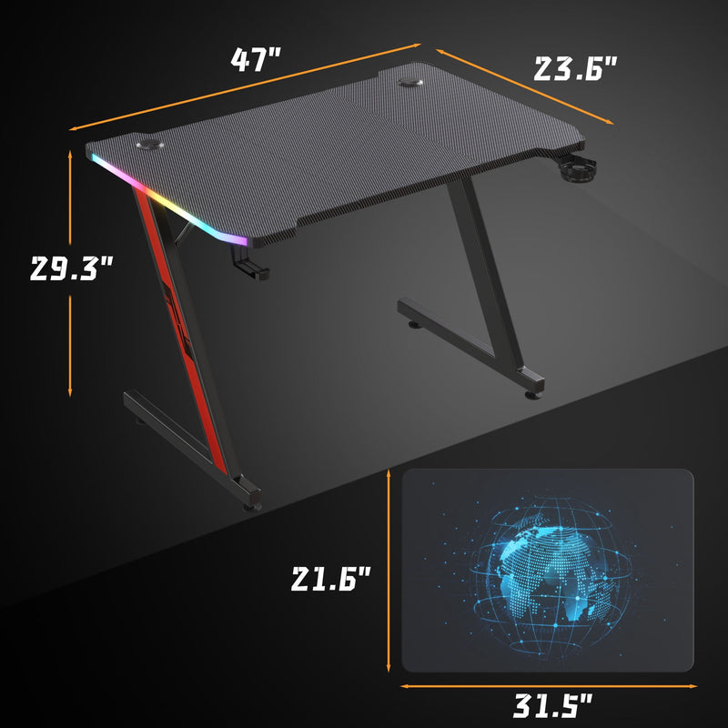Homall Z-Shaped Gaming Desk with RGB Lights, Carbon Fiber Desk Office Desk with Large Mouse Pad, Cup-Holder & Headphone Hook, Black