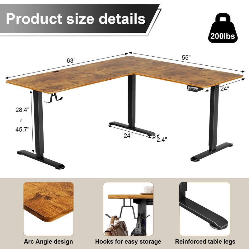 Homall 63in Wide L-shaped Electric Sit-Stand Desk Lifting Range 28~46in Height Gear Memory Ergonomics Standing Desk Height Adjustable Computer Desk