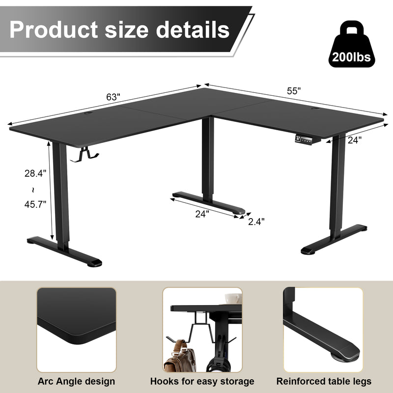 Homall 63in Wide L-shaped Electric Sit-Stand Desk Lifting Range 28~46in Height Gear Memory Ergonomics Standing Desk Height Adjustable Computer Desk