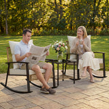 Lacoo 3 Pieces Patio Conversation Set Outdoor Rocking Bistro Set Wicker Furniture PE Rattan Chairs with Table for Lawn Courtyard Garden Balcony