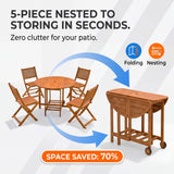 Homall 5-Piece Foldable Solid Wood Dining Table and Chair Set, Round Solid Wood Dining Cart and Chairs with Umbrella Hole , Light Brown