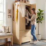 Homall Wardrobe Closet with Drawers, Freestanding Armoire Wardrobe Closet with Motion Sensor Light and Side Hooks, Wood Clothes Closet Cabinet for Bedroom