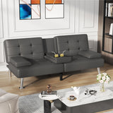 Homall Futon Sofa Bed Faux Leather Couch Modern Convertible Folding Recliner with 2 Cup Holders