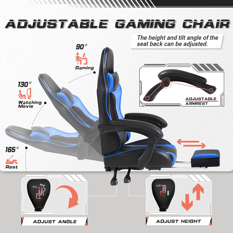 Lacoo PU Leather Gaming Chair Massage Ergonomic Gamer Chair Height Adjustable Computer Chair with Footrest & Lumbar Support,Blue