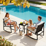 Lacoo 3 Pieces Outdoor Rocking Chair Furniture Sets Modern Patio Furniture Set Rocking Wicker Bistro Sets Cushioned PE Rattan Chairs Conversation Sets with Glass Coffee Table