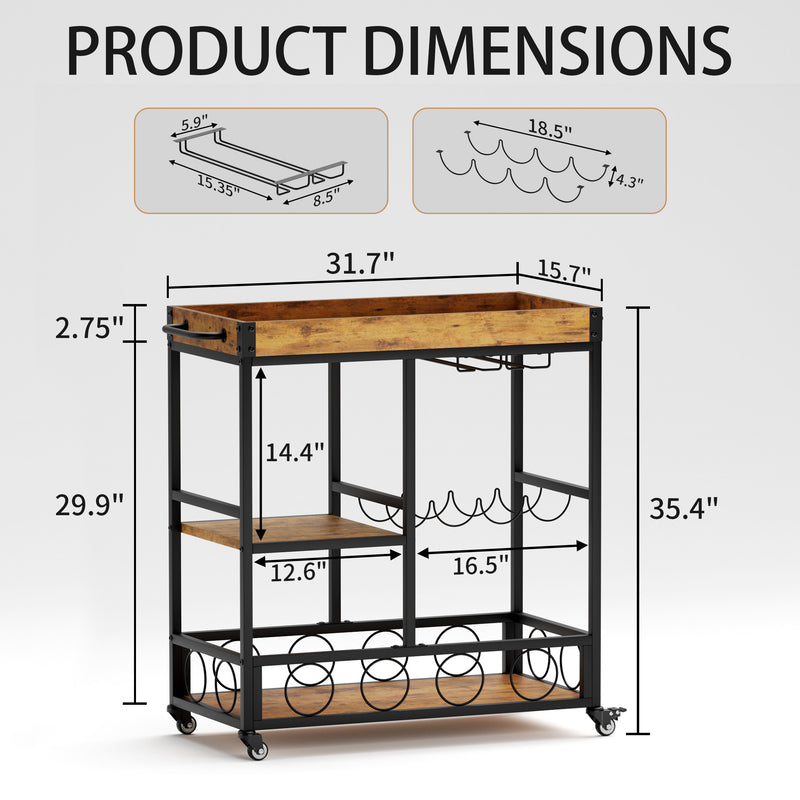 Homall Bar Cart 3 layers removable storage tray with wine rack, glass holder, basket layer, rolling drink cart, mobile bar service cart with handles, removable wooden tray and black metal frame