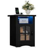 Homall Nightstand Set of 2 with Charging Station & Adjustable LED Lights, End Table Bedside Table with Glass Door & Open Shelf for Bedroom Living Room