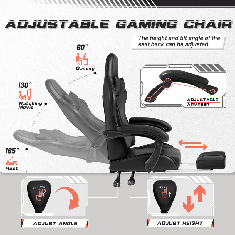 Lacoo PU Leather Gaming Chair Carbon Fiber Massage Ergonomic Gamer Chair Height Adjustable Computer Chair with Footrest & Lumbar Support,Black