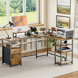 Homall 65.4" L-Shaped Desk with Power Outlets & USB, Corner Desk with 2 Drawers and 2 Monitor Stand, Brown