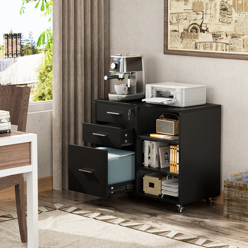 Homall File Cabinet with 3 Drawers, Mobile Design, Printer Stand and Open Storage Shelves, Suitable for Home Office Use