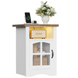 Homall Nightstand Set of 2 with Charging Station & Adjustable LED Lights, End Table Bedside Table with Glass Door & Open Shelf for Bedroom Living Room