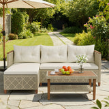 Homall Outdoor Wicker Furniture Set 3 Pieces Patio Chaise Conversation Set, L-Shaped Rattan Sofa Couch with Acacia Wood Coffee Table for Deck Porch and Garden