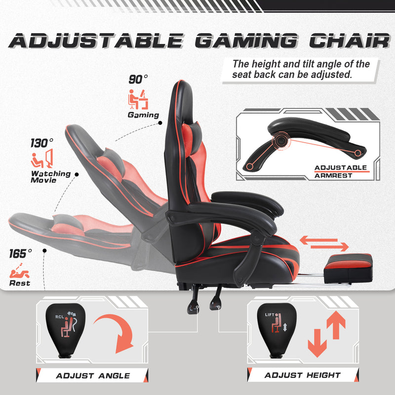 Lacoo PU Leather Gaming Chair Massage Ergonomic Gamer Chair Height Adjustable Computer Chair with Footrest & Lumbar Support,Red