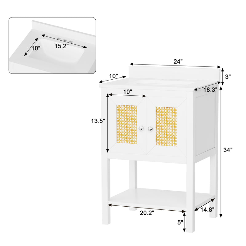 Homall 24" Bathroom Vanity with Single Sink Combo, Rattan Weaving Modern Undermount Bathroom Sink Cabinet with a Set of Double Soft Close Doors, Freestanding Bathroom Vanities, White