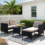 Lacoo 3 Pieces Patio Furniture Conversation Set All-Weather Wicker Rattan Outdoor Furniture Set with Tempered Glass Coffee Table for Backyard