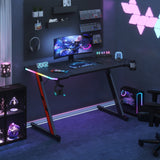 Homall Z-Shaped Gaming Desk with RGB Lights, Carbon Fiber Desk Office Desk with Large Mouse Pad, Cup-Holder & Headphone Hook, Black