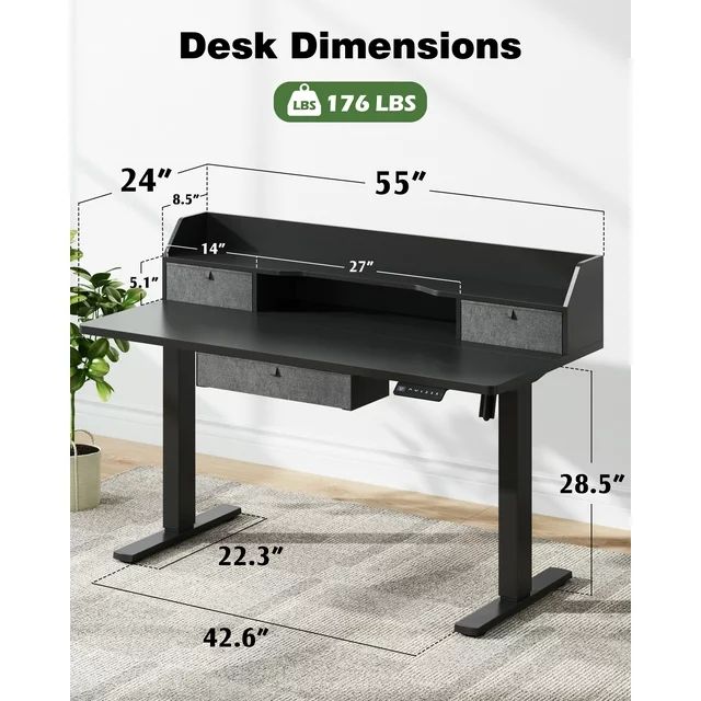 Homall 55"Height Adjustable Electric Standing Desk Sit-Stand Desk with Storage Shelf And Drawer Lifting Range 28~48" Office Computer Desk,Black