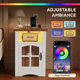 Homall Nightstand Set of 2 with Charging Station & Adjustable LED Lights, End Table Bedside Table with Glass Door & Open Shelf for Bedroom Living Room