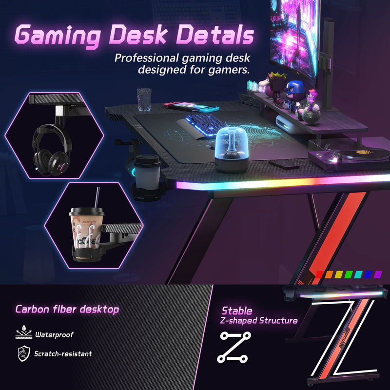 Homall RGB Gaming Desk and Chair Set, Carbon Fiber Desktop Z-Shape Table Massage Ergonomics Racing Chair E-Sports LED Lights Chair RGB Gaming Set