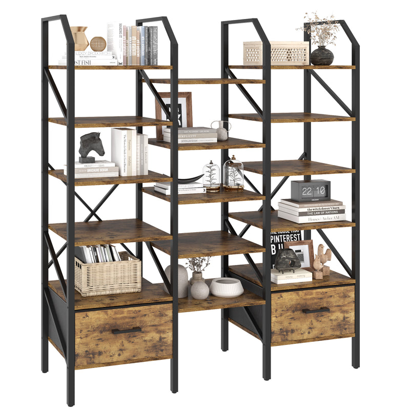 Homall Open Display Shelf with Storage Cabinet Triple Wide Tiers Industrial Bookcases and Bookshelves with Wood and Metal Frame