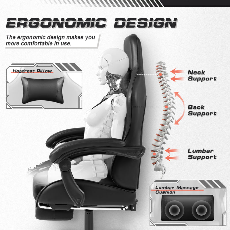 Lacoo PU Leather Gaming Chair Carbon Fiber Massage Ergonomic Gamer Chair Height Adjustable Computer Chair with Footrest & Lumbar Support,Black