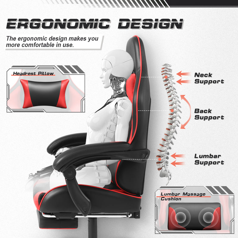 Lacoo PU Leather Gaming Chair Massage Ergonomic Gamer Chair Height Adjustable Computer Chair with Footrest & Lumbar Support,Red