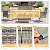 Lacoo 4 Pieces Patio Furniture Set Outdoor Conversation Wicker Rattan Chairs Seating with cushion and Glass Table Weather-Resistant for Garden Backyard Porch, Gray and Beige