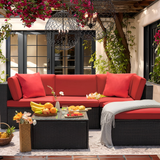 Lacoo 5 Pieces Patio Sectional Sofa Sets All-Weather PE Rattan Conversation Sets With Glass Table, Red