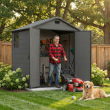 6x4ft Outdoor Plastic Storage Shed with Window,Weather-Resistant, Easy Assembly, Wood-Effect Garden Tool House,Dark Gray