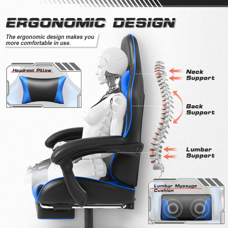 Lacoo PU Leather Gaming Chair Massage Ergonomic Gamer Chair Height Adjustable Computer Chair with Footrest & Lumbar Support,Blue